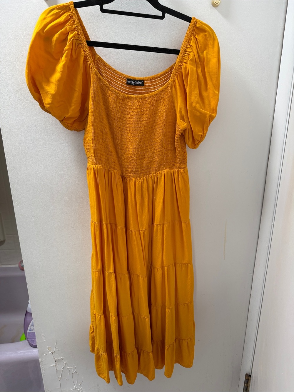 Golden Puff-Sleeve Smocked Midi Dress